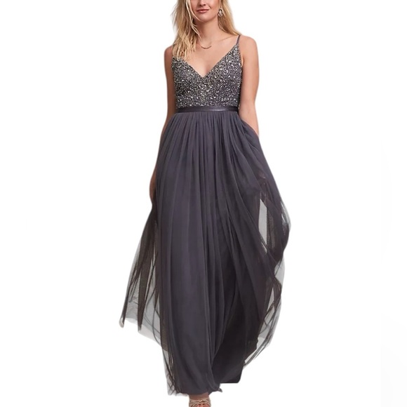 BHLDN- Charcoal Avery Sequin Thin Strap and Tulle Maxi Cocktail Dress - Picture 1 of 6
